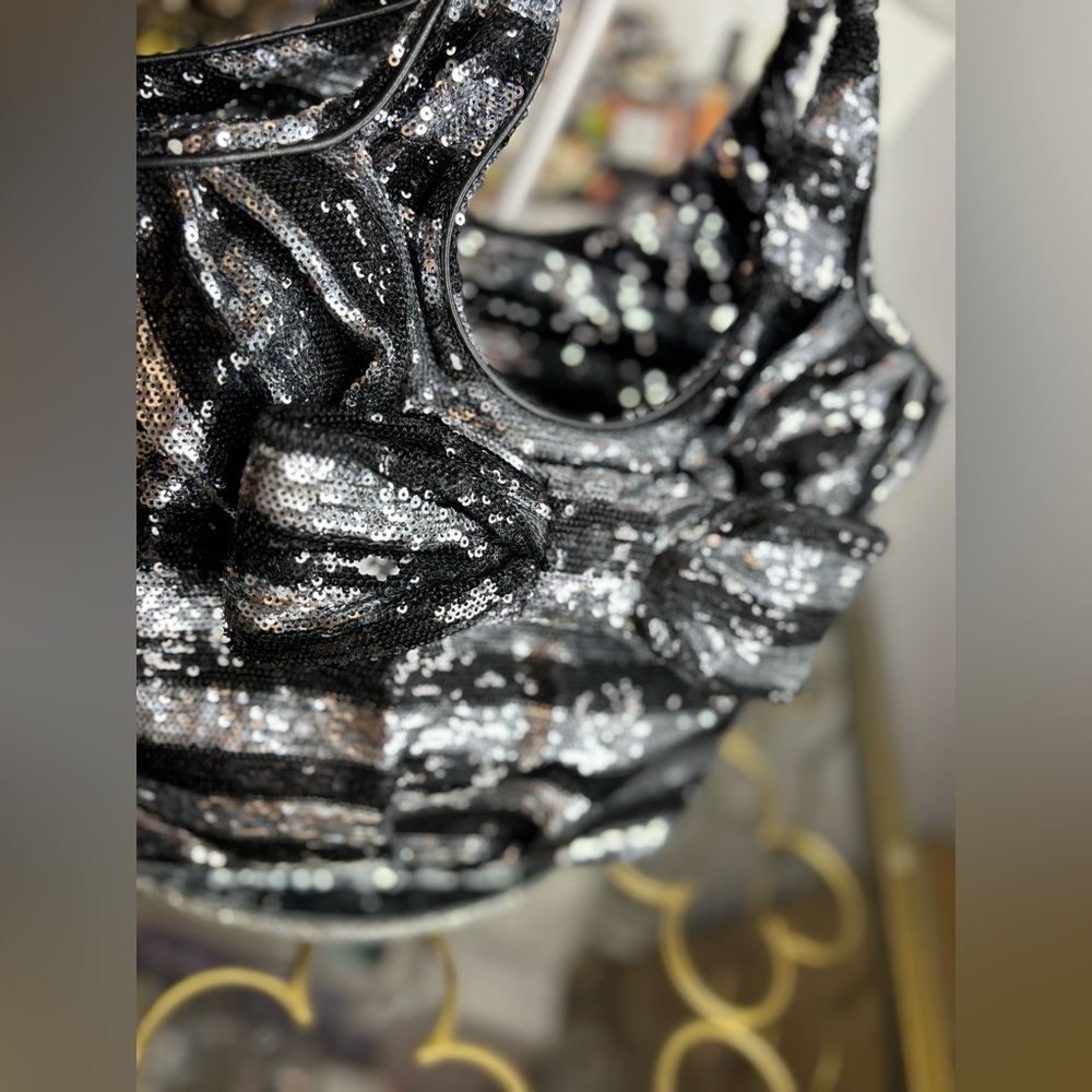 Kate Spade rare STORYBOOK LINING black and silver sequin striped tote bag EUC - Picture 3 of 14
